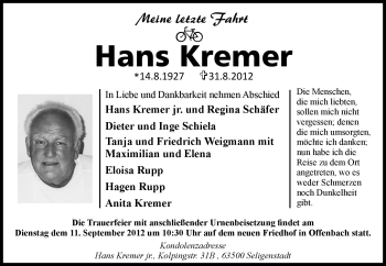 Traueranzeige von Hans Kremer von Offenbach