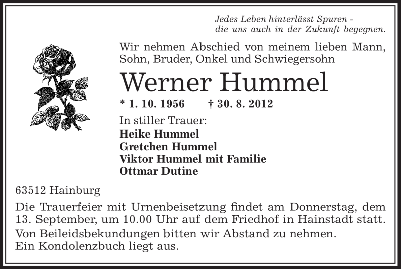  Traueranzeige für Werner Hummel vom 10.09.2012 aus Offenbach