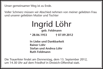 Traueranzeige von Ingrid Löhr von Offenbach