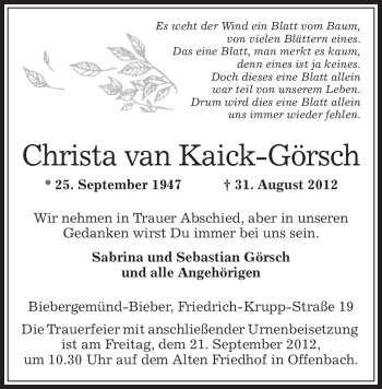 Traueranzeige von Christa van Kaick-Görsch von Offenbach