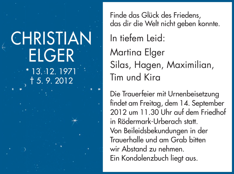  Traueranzeige für Christian Elger vom 12.09.2012 aus Offenbach