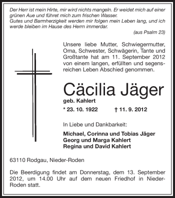 Traueranzeige von Cäcilia Jäger von Offenbach