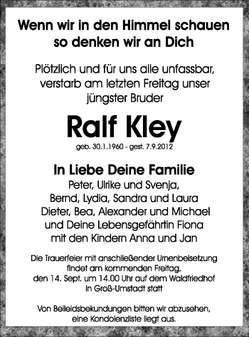 Traueranzeige von Ralf Kley von Offenbach