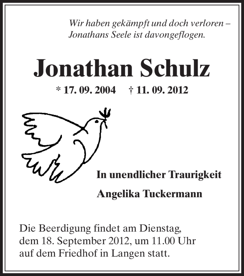  Traueranzeige für Jonathan Schulz vom 13.09.2012 aus Offenbach