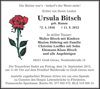 Traueranzeige von Ursula Bitsch von Offenbach