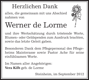 Traueranzeige von Werner de Lorme von Offenbach