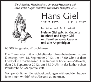 Traueranzeige von Hans Giel von Offenbach