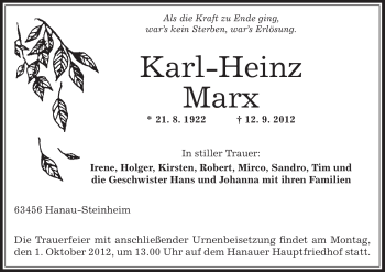 Traueranzeige von Karl-Heinz Marx von Offenbach