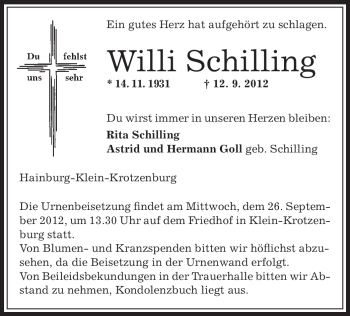 Traueranzeige von Willi Schilling von Offenbach