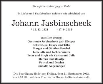 Traueranzeige von Johann Jasbinscheck von Offenbach