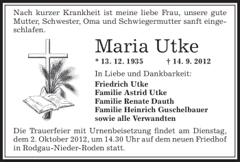 Traueranzeige von Maria Utke von Offenbach