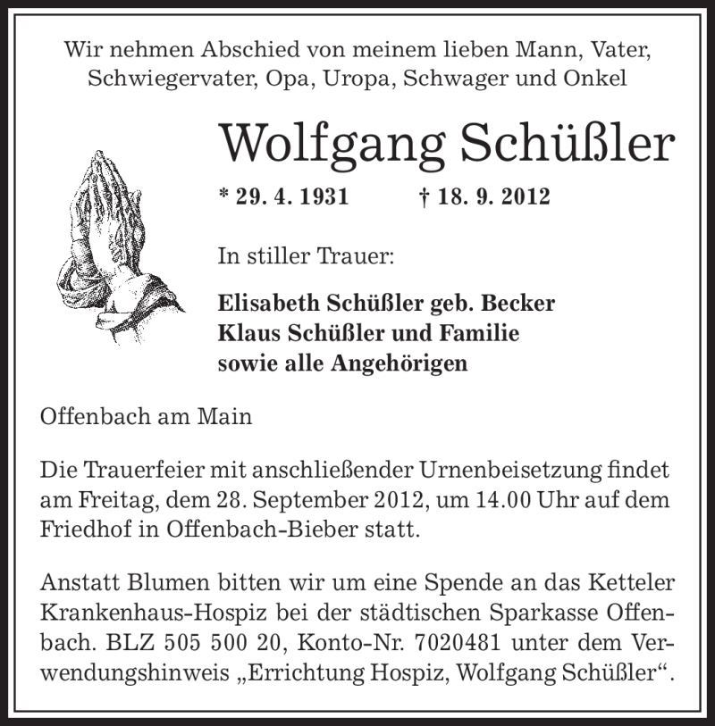  Traueranzeige für Wolfgang Schüßler vom 22.09.2012 aus Offenbach