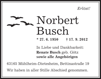 Traueranzeige von Norbert Busch von Offenbach