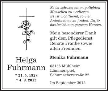 Traueranzeige von Helga Fuhrmann von Offenbach