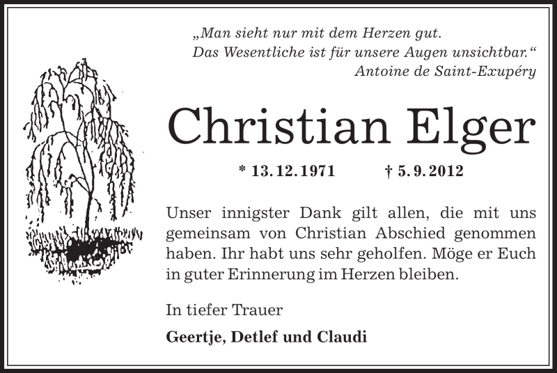  Traueranzeige für Christian Elger vom 22.09.2012 aus Offenbach