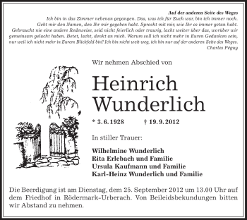 Traueranzeige von Heinrich Wunderlich von Offenbach