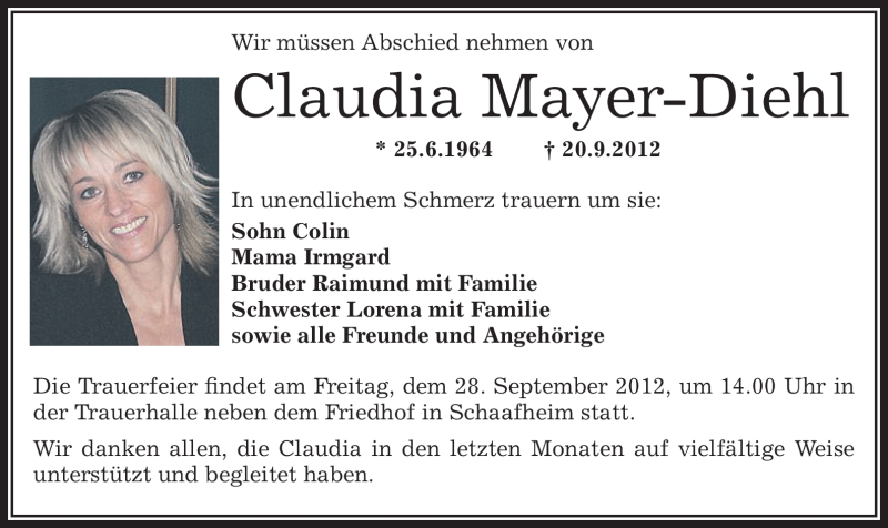  Traueranzeige für Claudia Mayer-Diehl vom 25.09.2012 aus Offenbach