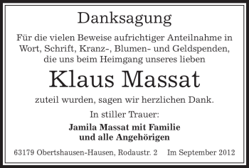 Traueranzeige von Klaus Massat von Offenbach