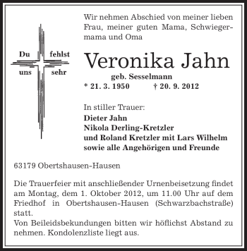 Traueranzeige von Veronika Jahn von Offenbach