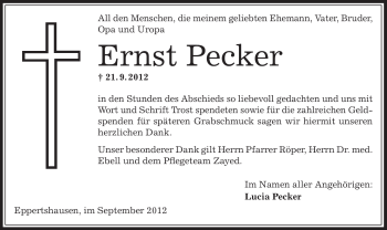 Traueranzeige von Ernst Pecker von Offenbach