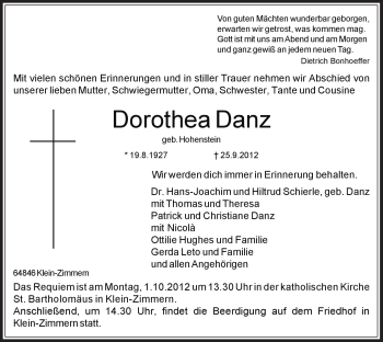 Traueranzeige von Dorothea Danz von Offenbach