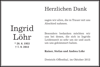 Traueranzeige von Ingrid Löhr von Offenbach