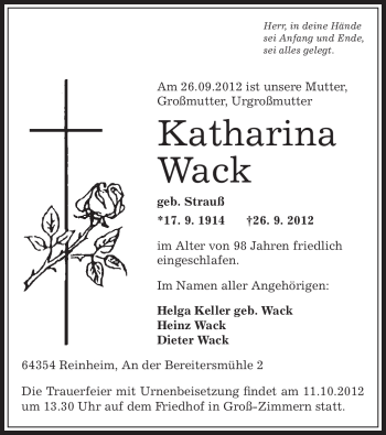 Traueranzeige von Katharina Wack von Offenbach