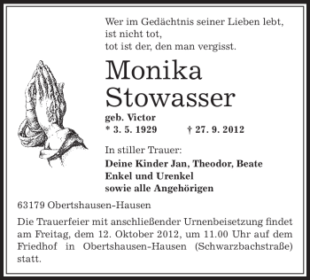 Traueranzeige von Monika Stowasser von Offenbach