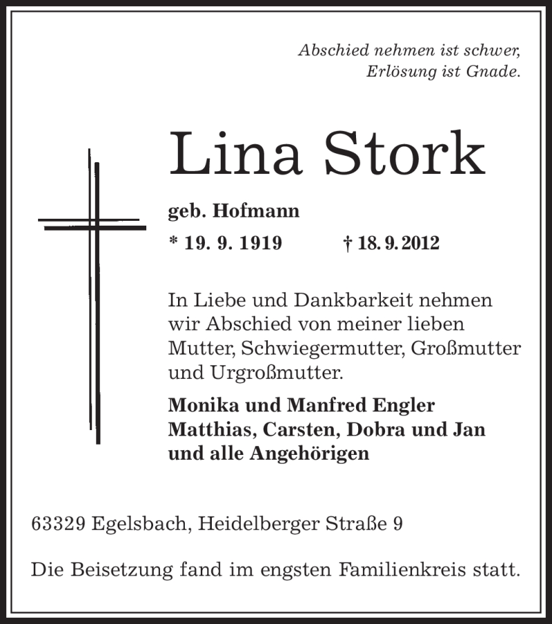  Traueranzeige für Lina Stork vom 05.10.2012 aus Offenbach