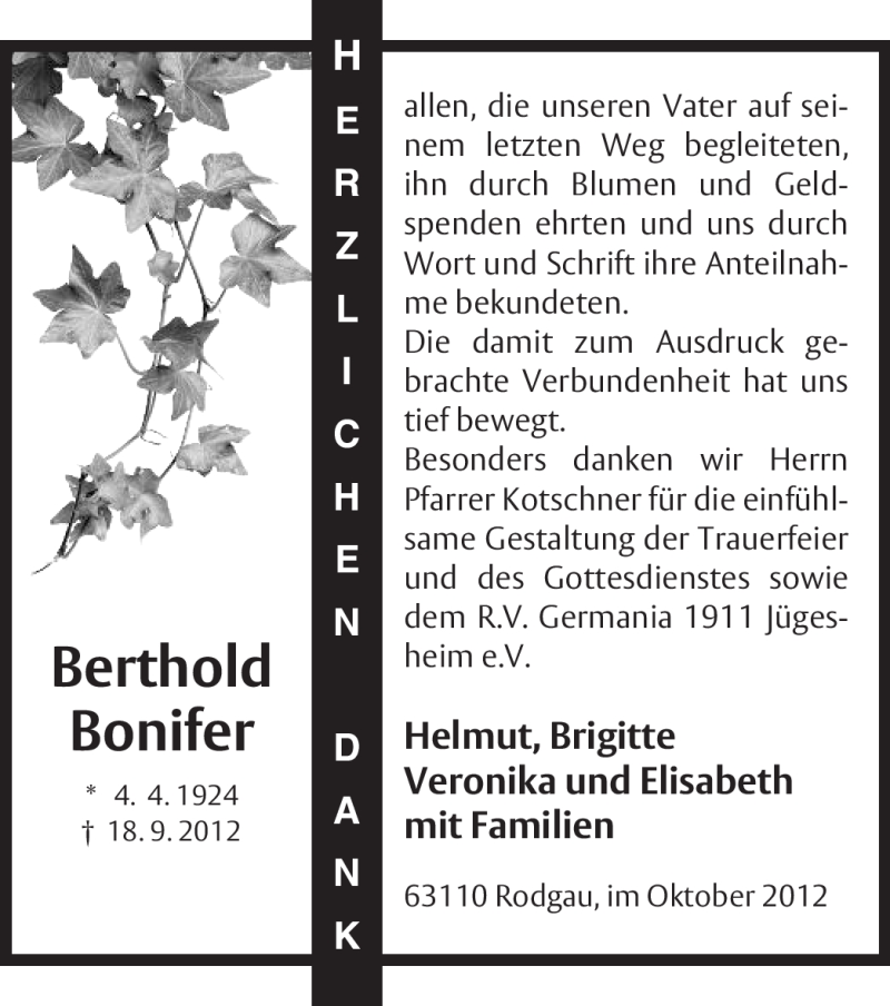  Traueranzeige für Berthold Bonifer vom 11.10.2012 aus Offenbach