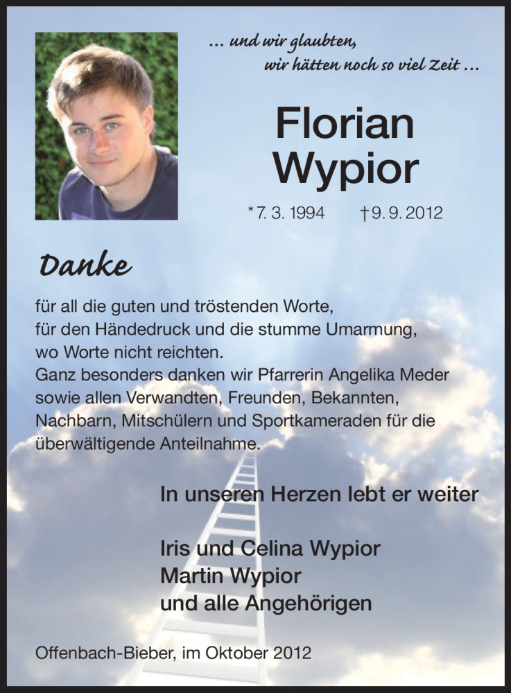  Traueranzeige für Florian Wypior vom 06.10.2012 aus Offenbach
