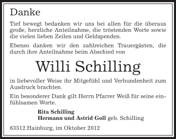 Traueranzeige von Willi Schilling von Offenbach