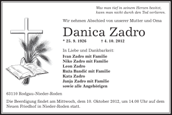 Traueranzeige von Danica Zadro von Offenbach