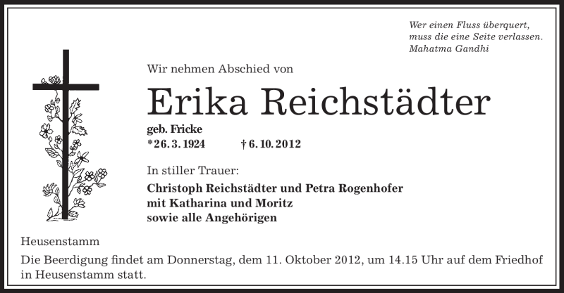  Traueranzeige für Erika Reichstädter vom 09.10.2012 aus Offenbach