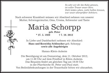 Traueranzeige von Maria Schorpp von Offenbach