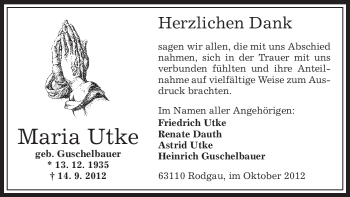 Traueranzeige von Maria Utke von Offenbach