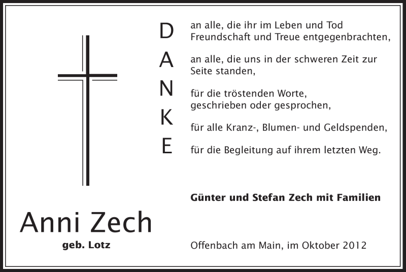  Traueranzeige für Anni Zech vom 13.10.2012 aus Offenbach