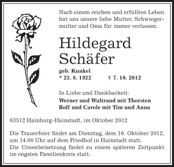 Traueranzeige von Hildegard Schäfer von Offenbach