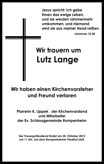 Traueranzeige von Lutz Lange von Offenbach