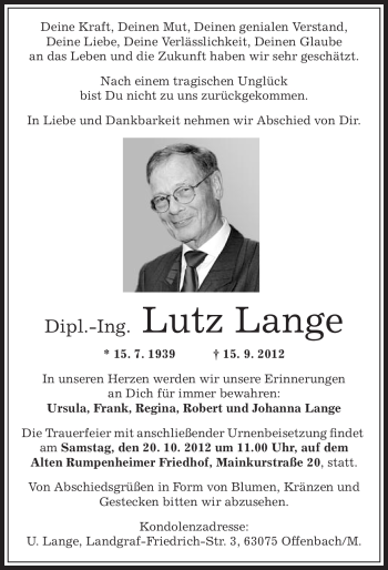 Traueranzeige von Lutz Lange von Offenbach