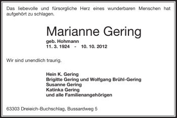 Traueranzeige von Marianne Gering von Offenbach