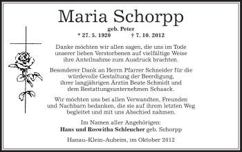 Traueranzeige von Maria Schorpp von Offenbach