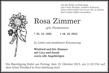 Traueranzeige von Rosa Zimmer von Offenbach