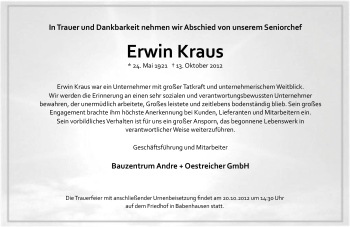 Traueranzeige von Erwin Kraus von Offenbach