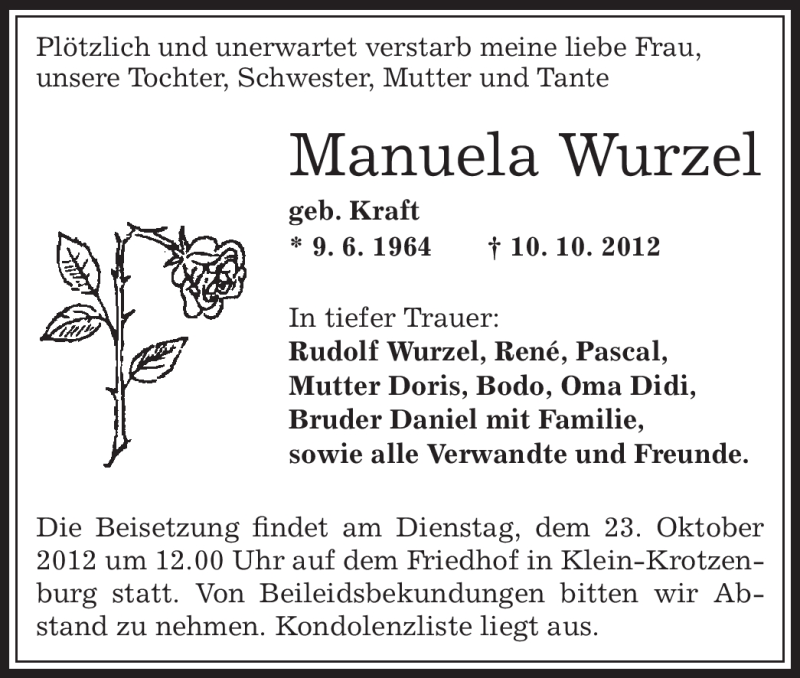  Traueranzeige für Manuela Wurzel vom 20.10.2012 aus Offenbach
