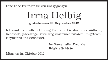 Traueranzeige von Irma Helbig von Offenbach