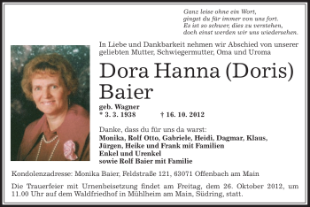 Traueranzeige von Dora Hanna Baier von Offenbach