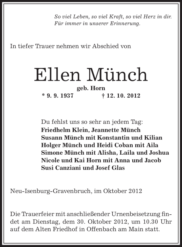  Traueranzeige für Ellen Münch vom 20.10.2012 aus Offenbach