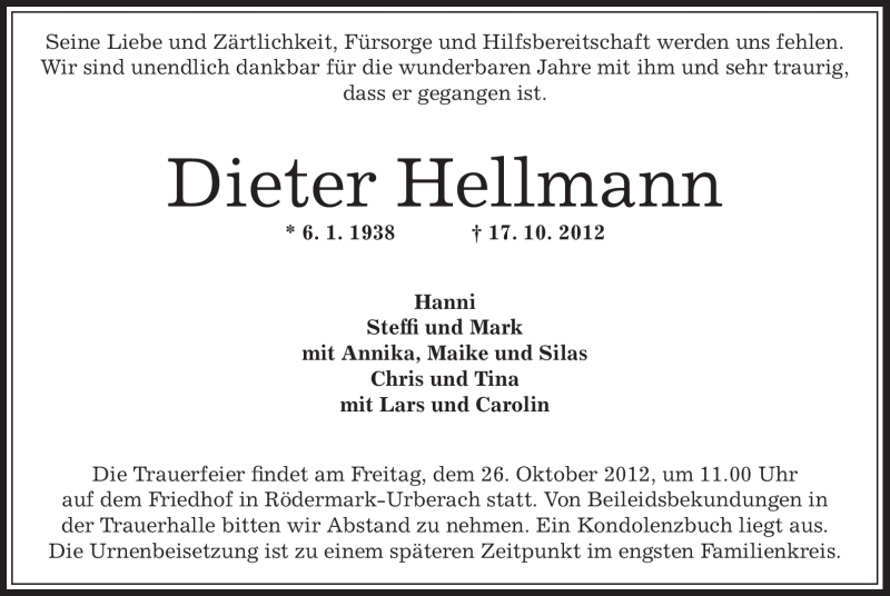  Traueranzeige für Dieter Hellmann vom 25.10.2012 aus Offenbach
