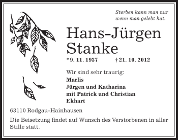 Traueranzeige von Hans-Jürgen Stanke von Offenbach